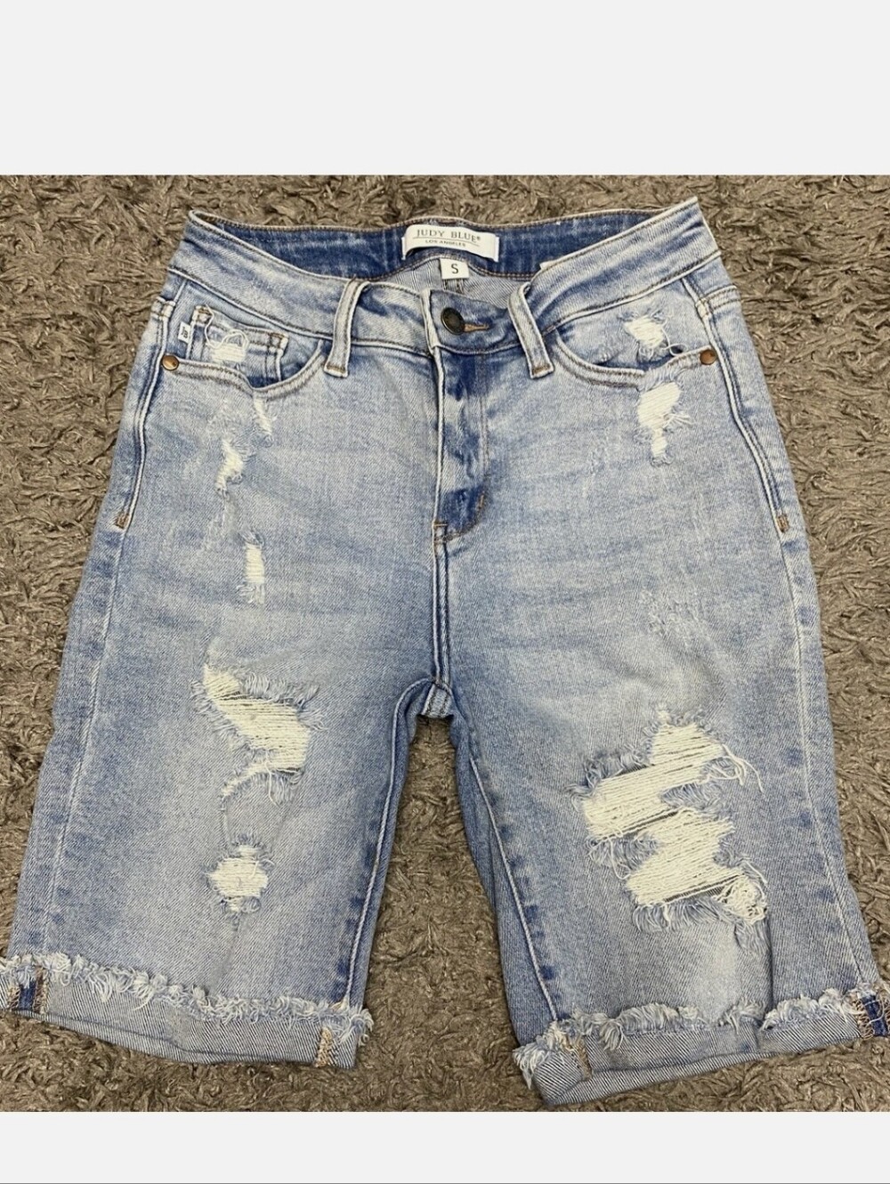 Judy Blue Light Wash Distressed Denim Bermuda Shorts - Light Blue - Picture 6 of 7
